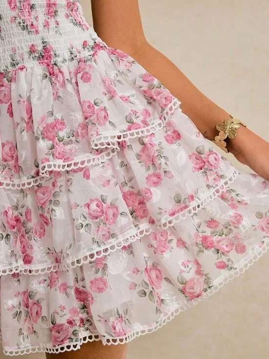 Pink Boho Women's Mini Dress with Ruffle Hem and Cherry Blossom Print - Picture 5 of 6